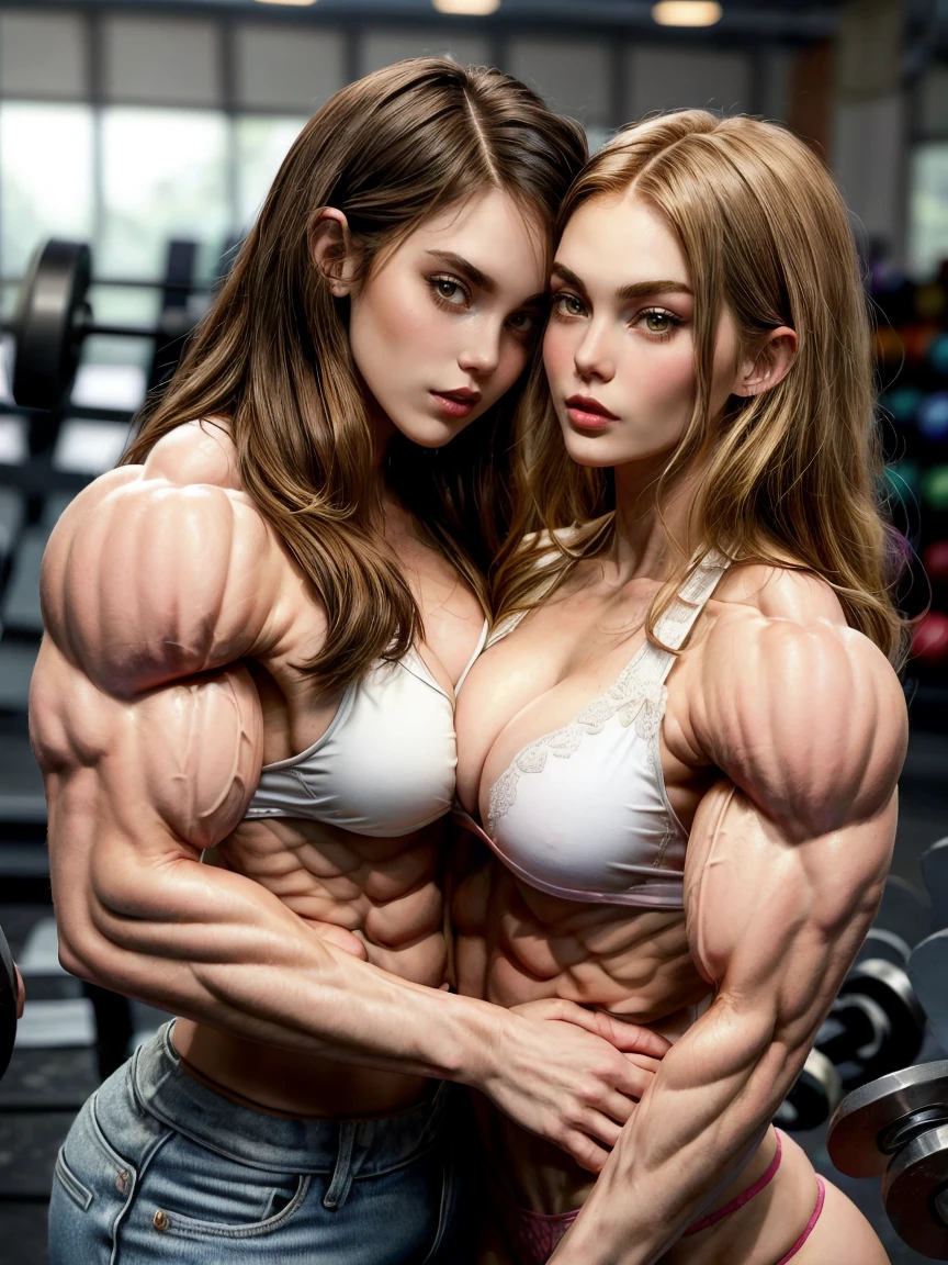 (2 girls body builders:1.6), ((masterpiece)), best quality, ultra-detailed:1.7, finely detail, high resolution:1.6, perfect dynamic composition, beautiful detailed faces:1.77, blonde babes:1.88, perfect red lipstick, perfect makeup:1.8, short denim bikini , large breasts:1.4, lovely look:1.7, gorgeous face:1.6, defined muscles:1.4, beautiful faces:1.8, alessandra ambrossio, izabel goulart, Kate Upton, Gigi Hadid, candice swanpoel ,popped out dense veins on muscles:1.8, hyper detailed picture:1.4, 8k resolution: 1.7, flex muscles:1.3, hyper muscular body shape:1.42, photorealistic:1.5, realistic:1.6, face masterpiece:1.74, good and professional lighting on picture:1.38, Ukrainian-Moroccan muscle beauty goddess, masterpiece 22 years old Ariana Grande and Jennifer Lopez as bodybuilders, extremely high resolution, hyper feminine beauty , hyper realistic texture , extra large , hyper muscularity, hyper vascularity, ass of titanium, muscles of steel, ripped body shape, ripped sexy ass with bikini, muscular ass , topless, kissing, good face details, hyper face detailing, doing sex, super romantic moment, hyper romantic, romantic kiss, nude females, perfect symmetrical face, sexy french kiss with tongues, serious muscle posing