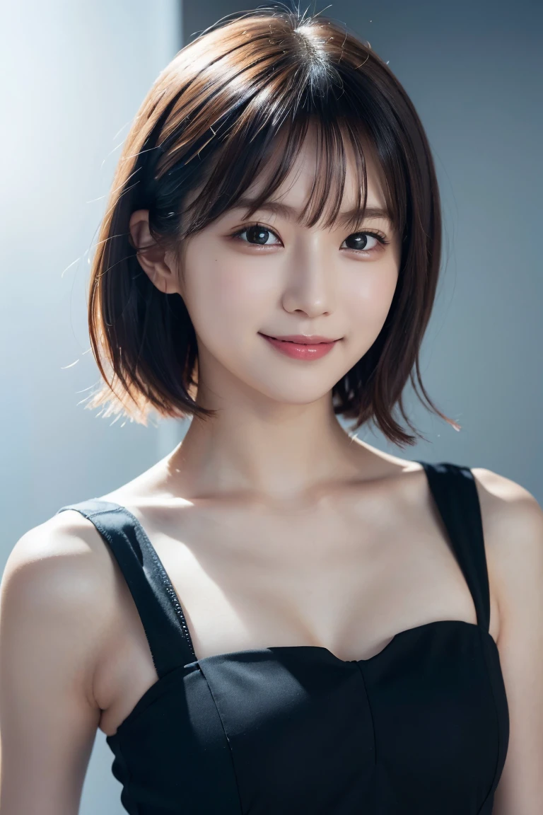 1 girl,(wearing colorful stage costume:1.2),very beautiful japanese idol portrait,close up of face,(RAW photo,best quality),(real,realistic:1.4),(masterpiece),very delicate and beautiful,very detailed,2k wallpaper,amazing,finely detailed,highly detailed CG Unity 8K wallpaper,very detailed,high resolution,soft light,beautiful detailed girl,very detailed eyes and face,beautiful refined nose,finely beautiful eyes,cinema lighting,(simple light color background:1.3),(short hair),(bob),full anatomy,slender body,small breasts,smiling