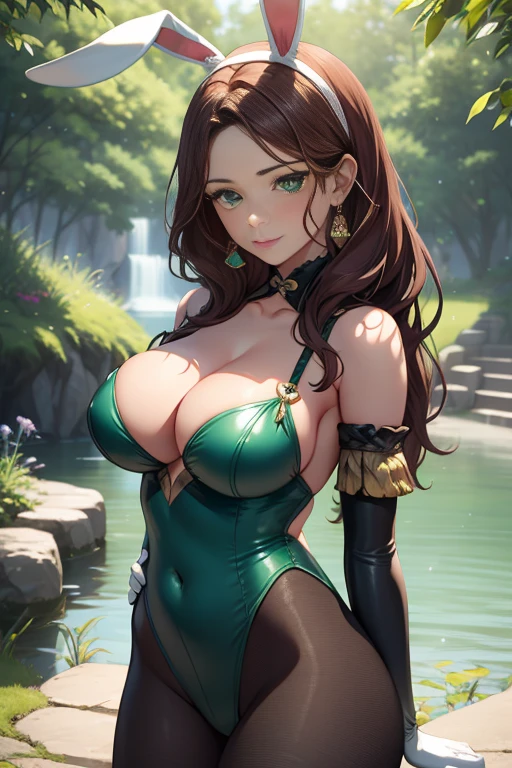 dorothea, green eyes, long hair,1girl, solo, perfect breasts, ,earrings glossy lips ,looking at viewer, blush, large breasts, nature, pond, trees, park, long white elbow satin gloves, holding, animal ears, cleavage, bare shoulders, jewelry, very l, gentle smile, pantyhose, earrings, fake rabbit ears, green leotard, fake animal ears bunny, long white elbow gloves, white gloves