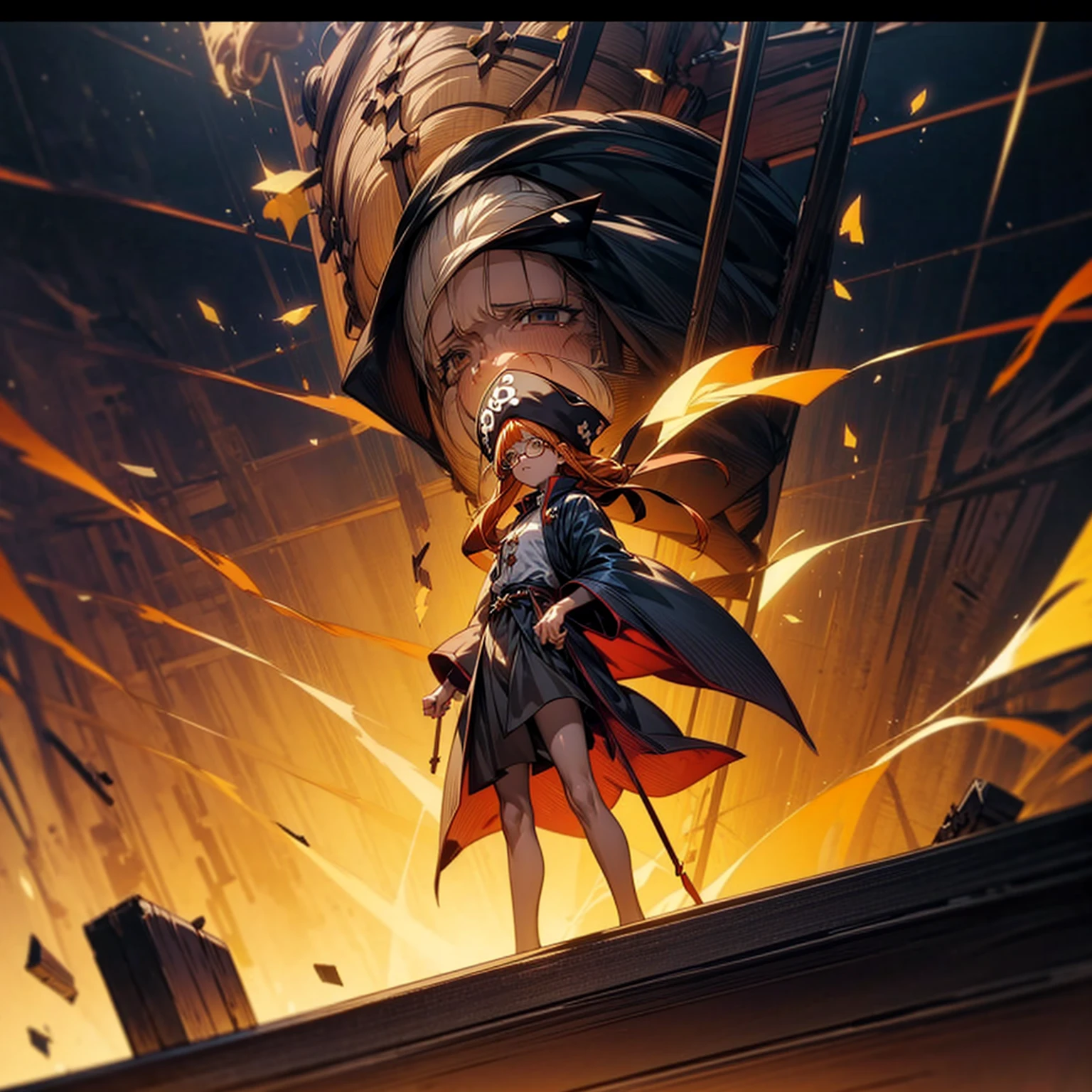 1girl, Full body version, 1character, girl version, almond eyes, long haircut, orange colour hair, sad eyes, glasses, king pirates hat, medieval style clothing, box largest in hand, Box is treasure, gold box, lighting box, aura effect in box, background in inside a pirate ship, motion blur, high angle view, (Hunter x Hunter style art)