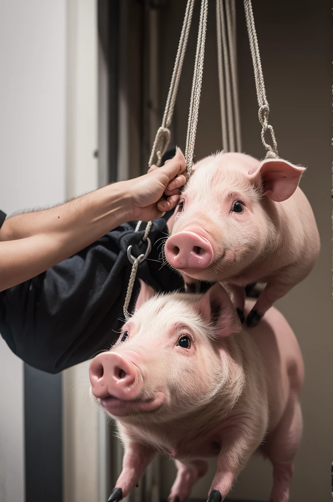 A pig being hanged by an MMA fighter
