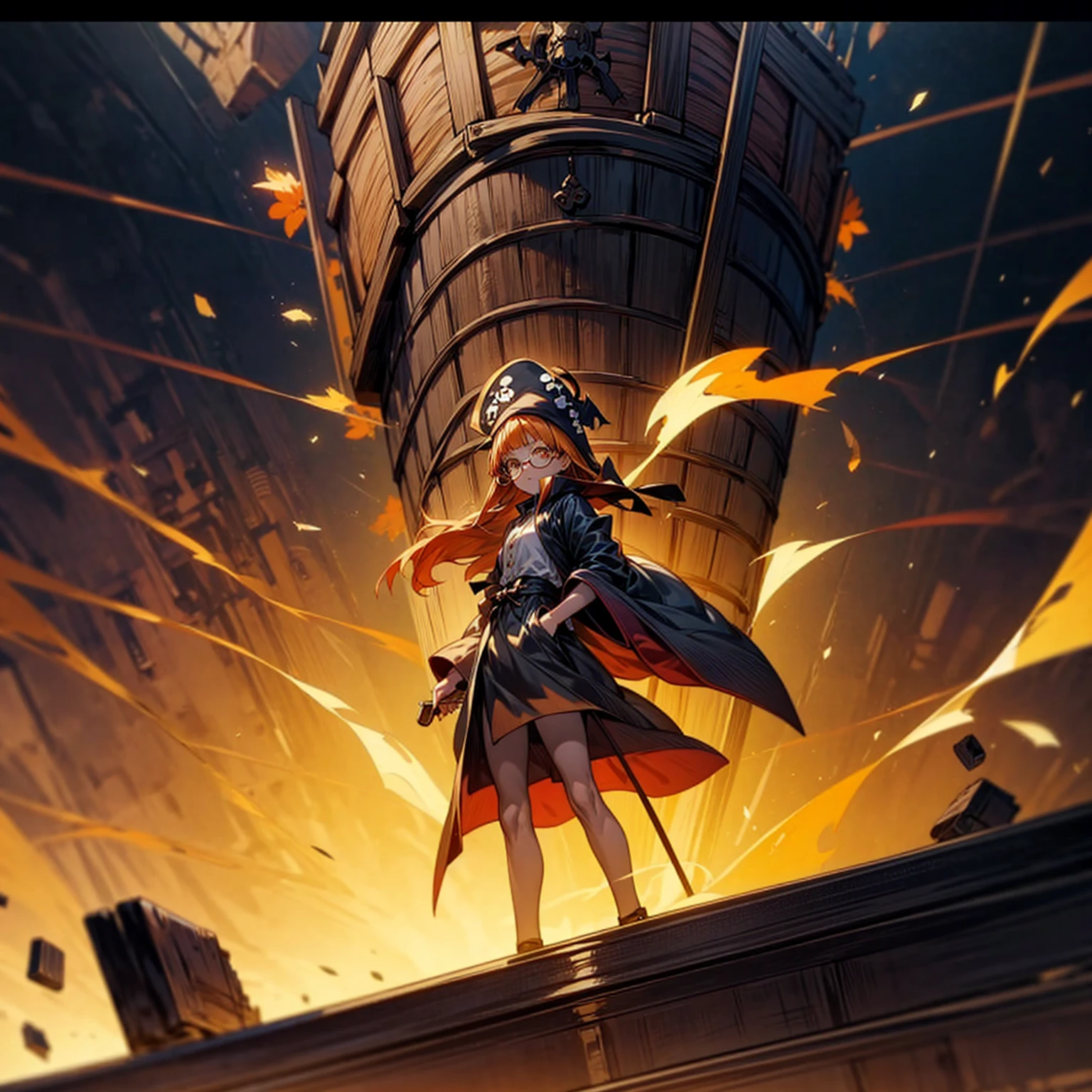 1girl, Full body version, 1character, girl version, almond eyes, long haircut, orange colour hair, sad eyes, glasses, king pirates hat, medieval style clothing, box largest in hand, Box is treasure, gold box, lighting box, aura effect in box, background in inside a pirate ship, motion blur, high angle view, (Hunter x Hunter style art)