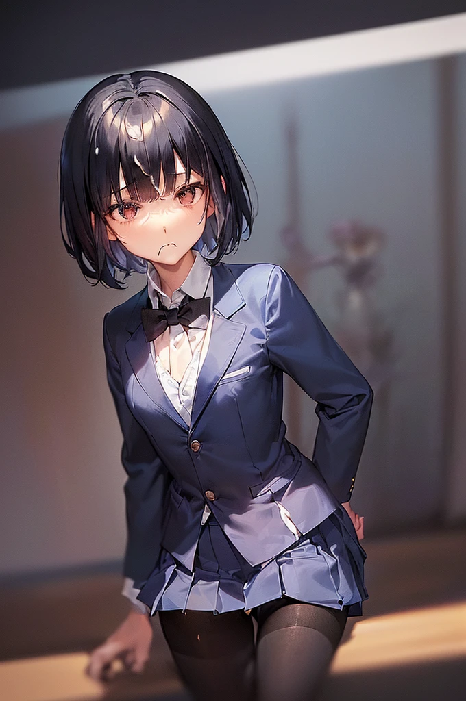 masterpiece, best quality,anime style, 1 girl,(((slender body))), (((small eyes,small breast))),(((blue blazer,white shirt,pleated skirt,blue tie,black pantyhose,bra))),(((3 monkey grabbing the gir))),((((cum)))), (beautiful face), (((short hair))), (((straight hair))), ((((black hair)))),detailed beautiful skin, (perfect hands, perfect anatomy)