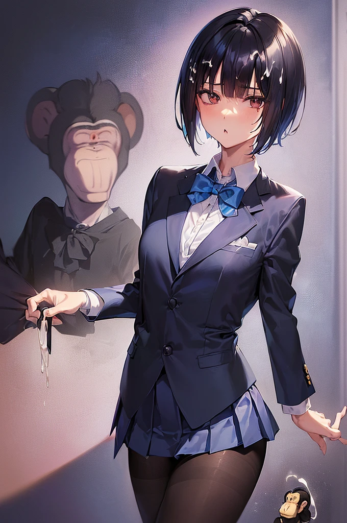 masterpiece, best quality,anime style, 1 girl,(((slender body))), (((small eyes,small breast))),(((blue blazer,white shirt,pleated skirt,blue tie,black pantyhose,bra))),(((((3 monkey grabbing the girl))))),((((cum)))), (beautiful face), (((short hair))), (((straight hair))), ((((black hair)))),detailed beautiful skin, (perfect hands, perfect anatomy)