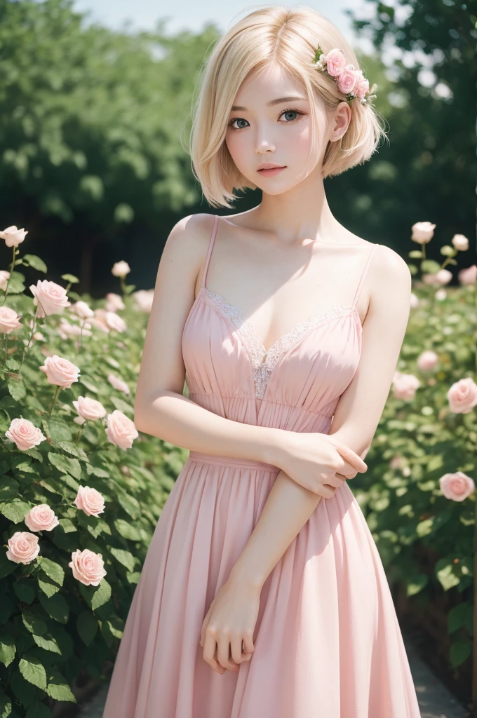 8K, CRU photo, Fujifilm, style photo of a beautiful young woman like Avril in a light pink rose garden (highly detailed skin: 1.2) Style-Petal BREAK short hair, blonde hair with colored highlights, wearing a dress, film grain, 35mm, cute style