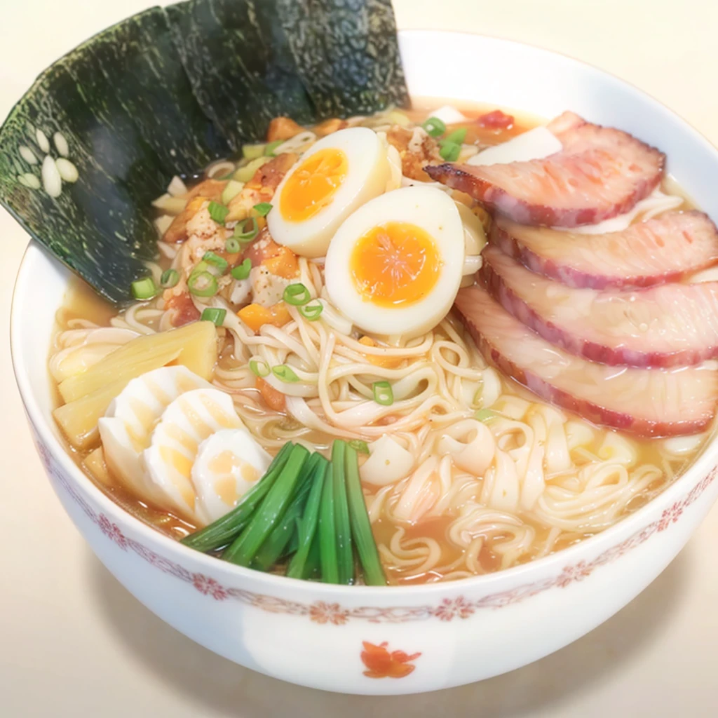 A beautifully detailed illustration of a steaming bowl of ramen. The ramen is served in a traditional Japanese porcelain bowl with intricate red patterns around the rim. The broth is rich and clear, showcasing the delicious ingredients inside. The ramen features perfectly cooked noodles, three slices of tender char siu pork with a slight char, and two halves of a perfectly soft-boiled egg with vibrant orange yolks. Additionally, the bowl includes bamboo shoots, a couple of narutomaki slices, chopped green onions, and a sheet of nori with a small, carved-out paw print.The steam rising from the bowl gives a warm and inviting atmosphere, suggesting that the ramen is fresh and hot. The background should be minimalistic to keep the focus on the ramen, perhaps with a subtle bokeh effect to create depth. The lighting is soft and natural, coming from above and slightly to the side, casting gentle shadows and enhancing the textures of the ingredients.