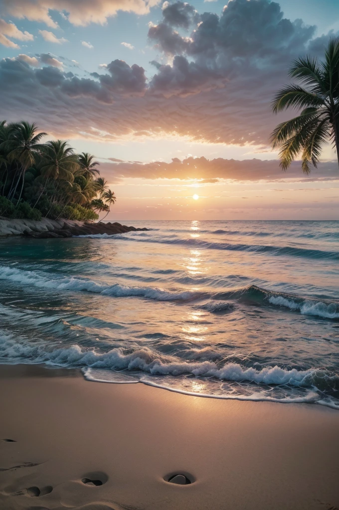 "Create an ultra-realistic 4K photo of a serene beach at sunset. The scene features fine, golden sands with gently crashing waves creating a soft, rhythmic sound. The sky is ablaze with vibrant hues of orange, pink, and purple as the sun sets on the horizon, casting a warm, golden glow over the entire landscape. On the left side, a dense forest with lush, green trees and underbrush adds depth and a touch of wilderness to the scene. Tall palm trees line the shore, their dark silhouettes creating a striking contrast against the colorful sky. The reflection of the sunset on the gently rippling water creates a mesmerizing, shimmering effect. Scattered across the beach are a few seashells and small, smooth rocks, adding to the natural beauty and realism of the scene. In the distance, a large ship is visible on the horizon, adding an element of adventure and scale. The overall atmosphere is tranquil, serene, and breathtakingly beautiful.",
"size": "1024x1024"