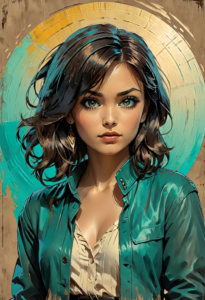 A woman in a situation?, sketch, amber to teal color wheel, detailed features, cute, vintage style, high contrast lighting, expressive brown eyes, tousled raven hair. (best quality, high res, realistic:1.37), vintage, monochrome, intense gaze, dramatic lighting, rugged background, distressed paper texture, retro vibes, id photo, front view, Surround the woman, aya, greg rutkowski