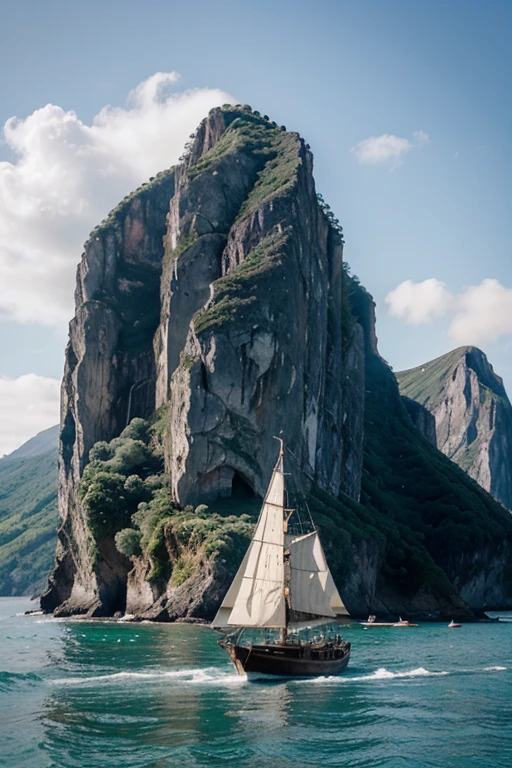 Old sailing ships sailing towards an island with high mountains and cliffs.