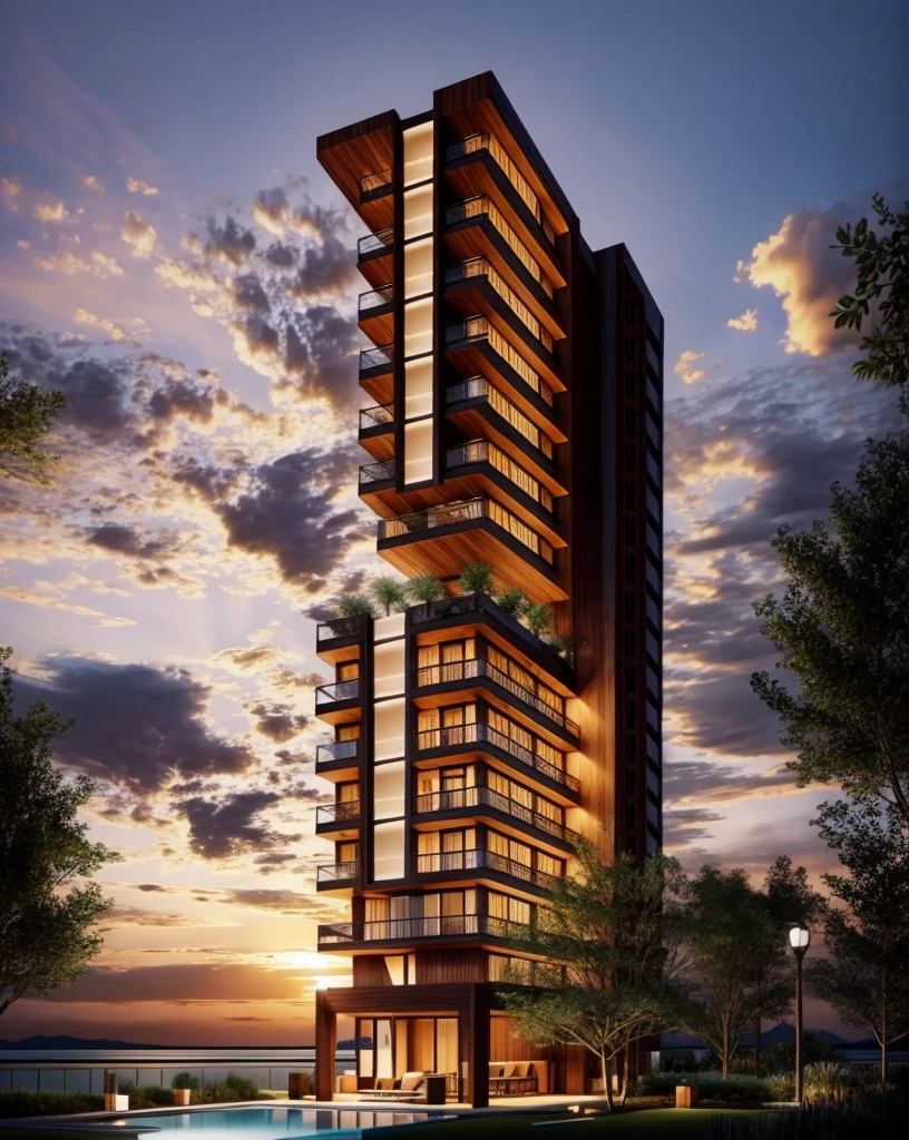 Zaha Hadid style hotel tower with wood and metal texture, hotel with infinity pool, rural landscape at dusk in high quality, 8k UHD