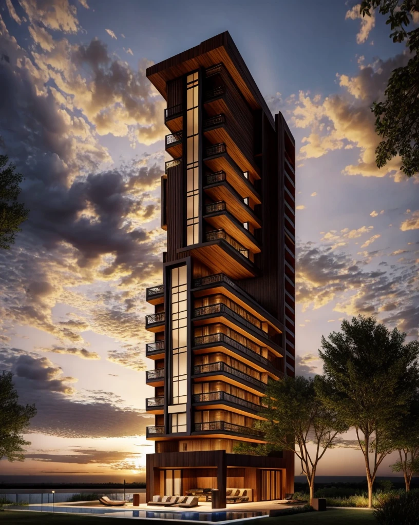 Zaha Hadid style hotel tower with wood and metal texture, hotel with infinity pool, rural landscape at dusk in high quality, 8k UHD