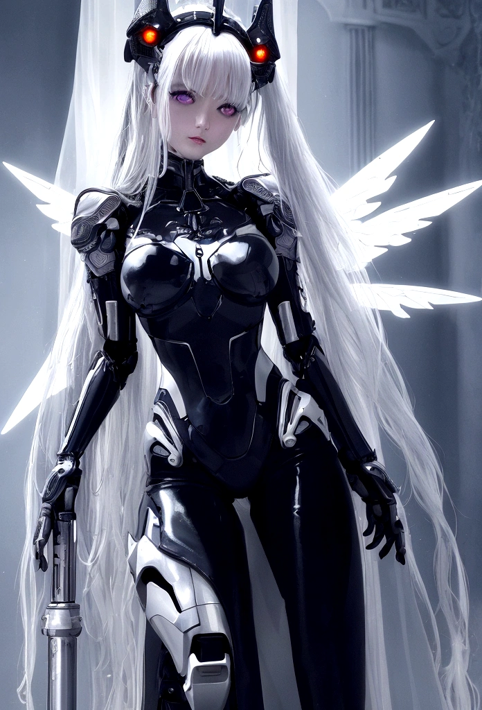 highest quality、master piece、A high resolution、(Photoreal:1.4)、Raw photo、Combat Robot Angel、white porcelain body、Acrylic transparent cover、white hair、glowing skin、1 cyborg girl、((Ultra realistic details))、porate、global illumination、Black Shadow、octane rendering、8K、super sharp、character edge light,Huge 、Bare skin exposed between the breasts、side boo boo, Underboo Boo, The lower abdomen is exposed, thin pubic hair, intricate decorative details、Gothic Lolita details、hydraulic cylinder、Small LED Light、very intricate details、realistic light、purple eyes、shining eyes、towards the camera、neon light details、cowboy shot、futuristic headgear、About the Floor Plan《cyberpunk characters》