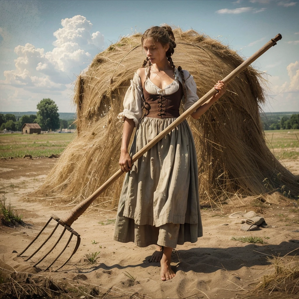 A Russian Girl Is A Serf Peasant, A Poor Girl , Barefoot , In A Torn Peasant Shirt , A Patched Sundress Dirty , Sweaty Hair In One Braid, Tanned , With Weathered Skin, Sweat Flows , Summer, Hot,Works In A Corvee , Hyperrealism A Lot Of Details, Clarity And Realism, Without Extra Limbs And Fingers