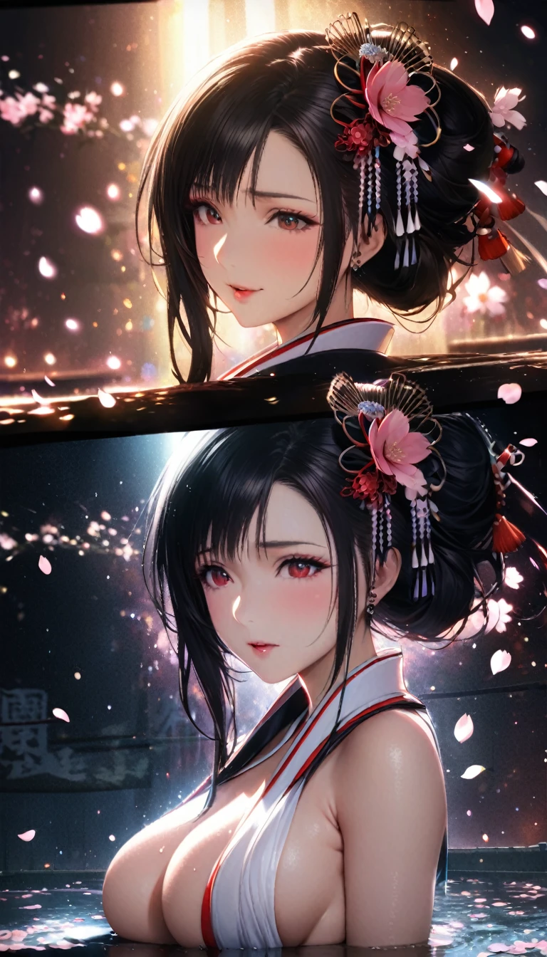 Highest quality, Super quality, 16K, Incredibly absurd, Very detailed, delicate and dynamic, Natural light, Fine particles reflect rainbow colors, Diffuse reflection of light, Vortex of Light, Many cherry blossom petals fall, Kyoto, Gion, night, The moon is reflected in a puddle, Create amazing image effects, Upper body close-up, (, cute sexy girl, bouncing busts, Sensual expression, peacefulness, Elegant, , geisha, hair ornaments, black long hair, Tifa Lockhart Final Fantasy VII)