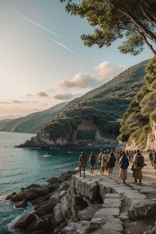Odysseus and some of his men landing on a rocky beach, observing the green and mountainous landscape.