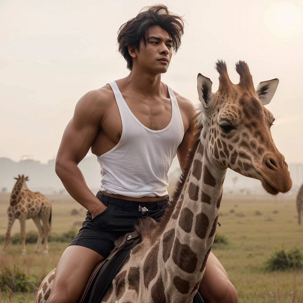 A handsome 30-year-old Indonesian man with layered hair, wearing a white tank top and black shorts, is riding a giraffe in the middle of a grassy field