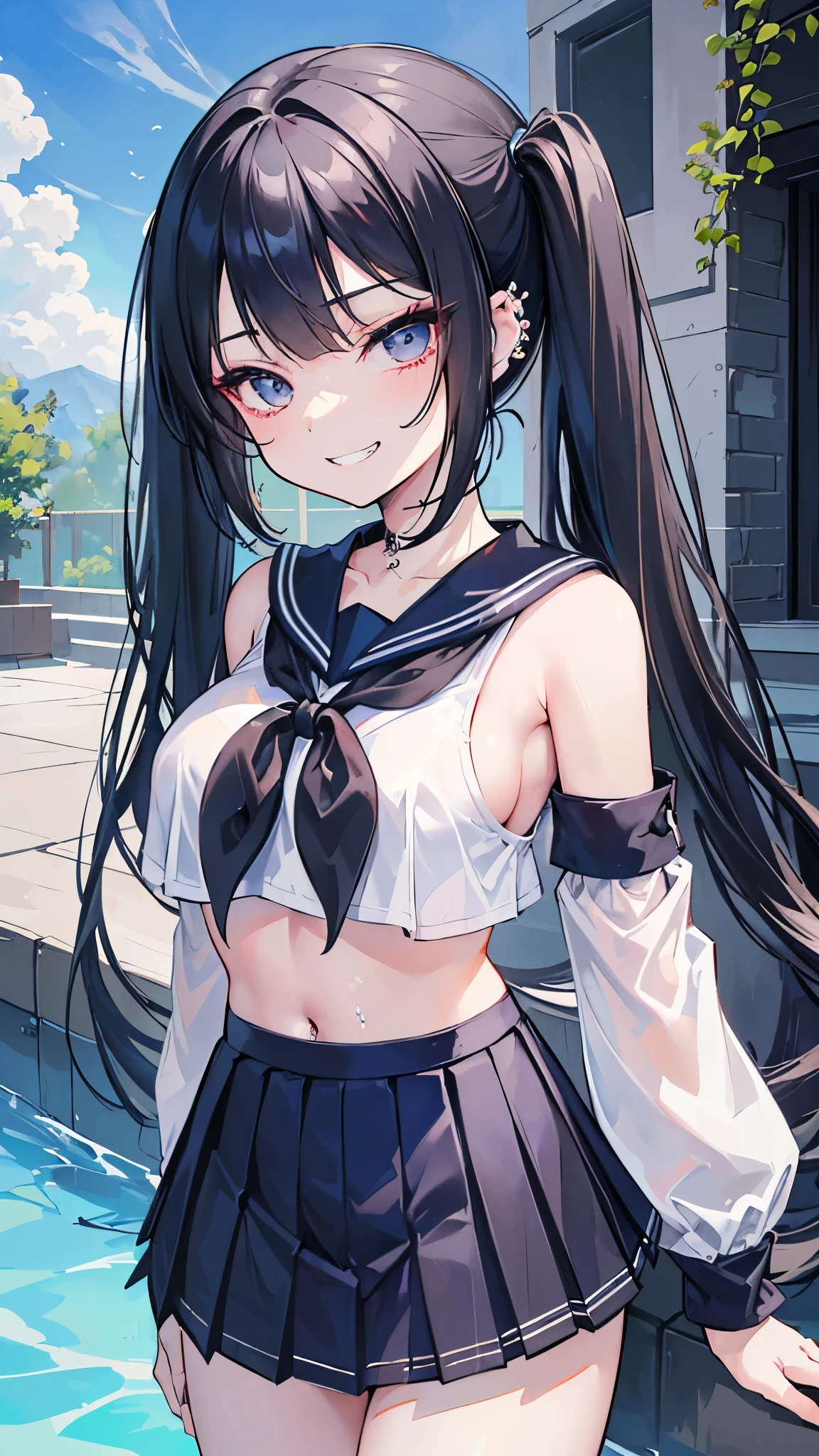 (masterpiece、Highest quality、Very detailed))、One girl、Black Hair、Shoulder length、twintails、Grey Eyes、Sharp Eyes、((lots of piercing))、evil smile、((Grin))、((Large Breasts))、((serafuku))、((No sleeve))、belly button、((Navy blue pleated skirt))、((micro miniskirt))、Cowboy Shot、Outdoor、Pool Background