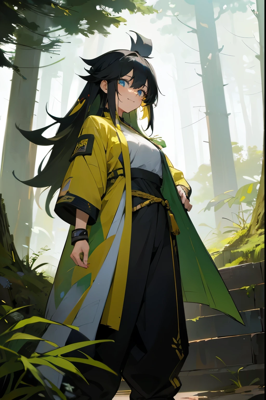 1female , White Yukata , Green and Golden Haori , Messy Black Hair , Bright Blue Eyes , Standing on path , Forest Background , Happy Expression , Perfect Generation , Muscular, Combat Clothing , Layered Clothing