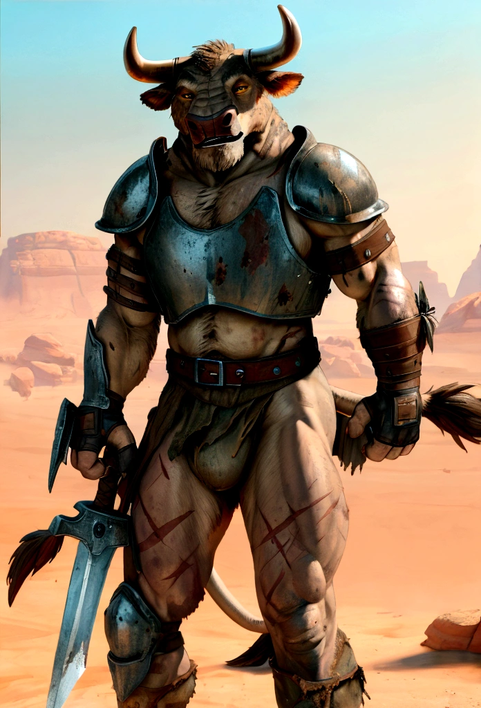 Solo Sexy anthro furry bovine male mercenary medieval solider, slim endomorph muscular handsome model male apperance, scars, worn out rusty skimpy armament, low on hips heavy leather belt, old very worn out skimpy dirty linen material jockstrap, old yellow dirty worn out stains on white sawn jockstrap, very visible "x" brown seam pattern on the jockstrap, skimpy armlets studded breastplate armor, skimpy rusty breastplate, leather biceps tighs bondages, fingerless leather gloves, smelly unwashed furr, dirty body look, desert battlefield, battlefield aftermatch, standing in fighting ready position, legs wide open, close view of full character, hesitant, watchful eyes, clenches his teeth, he holds a bloody sword in his right hand