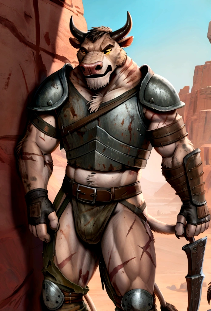  
Solo Sexy anthro furry bovine male mercenary medieval solider, slim endomorph muscular handsome model male apperance, scars, worn out rusty skimpy armament, low on hips heavy leather belt, old very worn out skimpy dirty linen material jockstrap, old yellow dirty worn out stains on white sawn jockstrap, very visible "x" brown seam pattern on the jockstrap, skimpy armlets studded breastplate armor, skimpy rusty breastplate, leather biceps tighs bondages, fingerless leather gloves, smelly unwashed furr, dirty body look, desert battlefield, battlefield aftermatch, standing in fighting ready position, legs wide open, close view of full character, hesitant, watchful eyes, clenches his teeth, he holds a bloody sword in his right hand