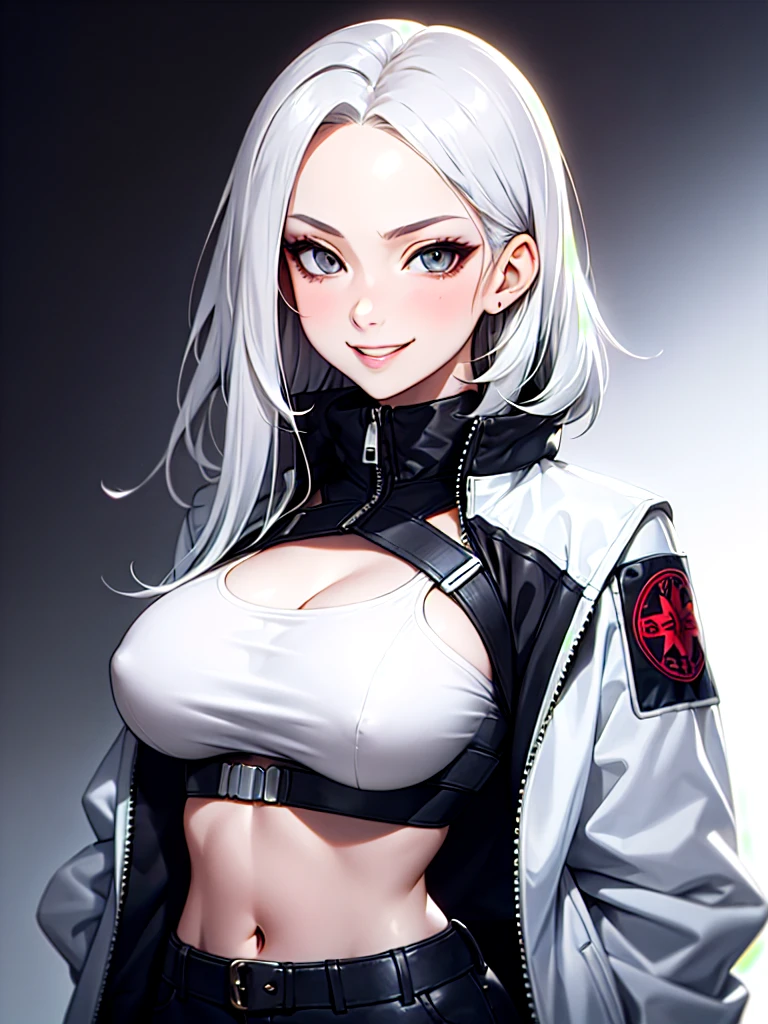 ((Portrait Photo)), She has a Mischievous and Youthful Appearance, with a Slender Build, Pale Skin and a Huge . She Expresses a Cheerful and Energetic Look, Giving Off a Smug and Lively Attitude. She has Light Gray Eyes, and Her Hair is Long, Silvery-White, and Tousled, with Bare Forehead. She Wears an Oversized, Open Bomber-Style Jacket, with a White Top, Revealing Her Midriff. ((Portrait Photo, HDR, Dark Background))
