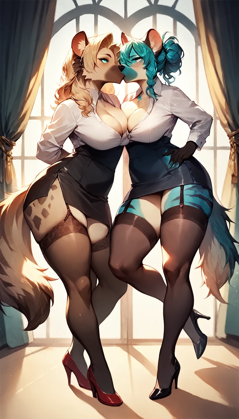 score_9, score_8_up, score_7_up, score_6_up, score_5_up, score_4_up, (two girls hugging and kissing), female anthro hyena, secretary clothes, skirt, high heels, lusty, fluffy body, long blond hair, turquoise eyes, (thick thighs:1.5)((( offering the breasts))) sex partial clothes, (((cleavage))) semi-butonned uniform niform, (barely_visible_booba) (she is standing) , giant breasts, garter belt tights