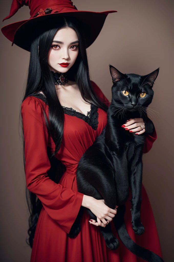 Witch with long black hair dressed in red period dress red lipstick and with a cat in her hand
