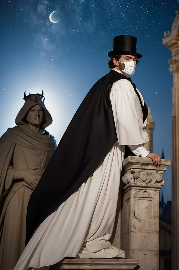 Medieval Europe. A man in a tuxedo, wearing a white mask, black cape and hat, peeks out from behind a stone statue of a gargoyle with only his face showing. He is looking at me. He looks sad and sincere. The rooftop of the Opera House, night, starry sky.