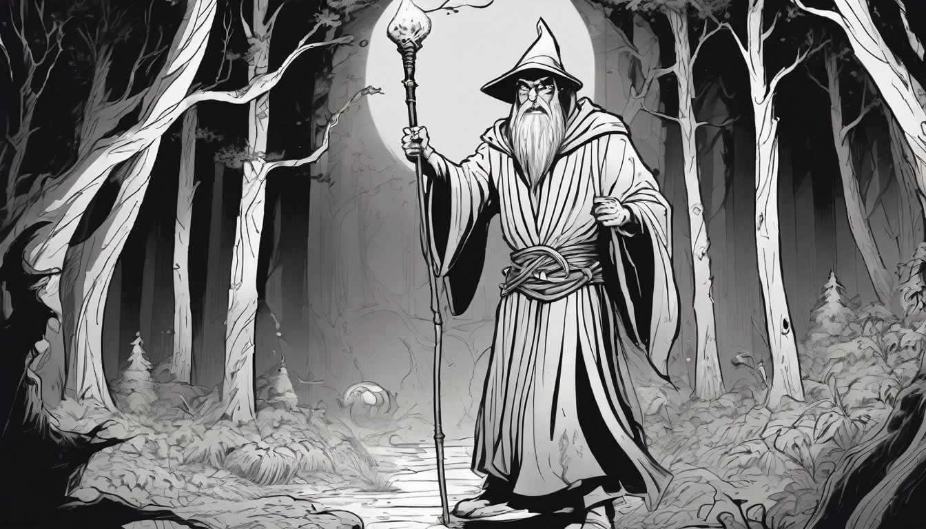 comic 1 wizard in a forest. wearing a  robe, holding only 1 magic staff, fighting against several monsters, surrounded . At night, gothic dark atmosphere, graphic illustration, comic art, graphic novel art, ((black and white:1.5)), no shadow, plain style, highly detailed. 