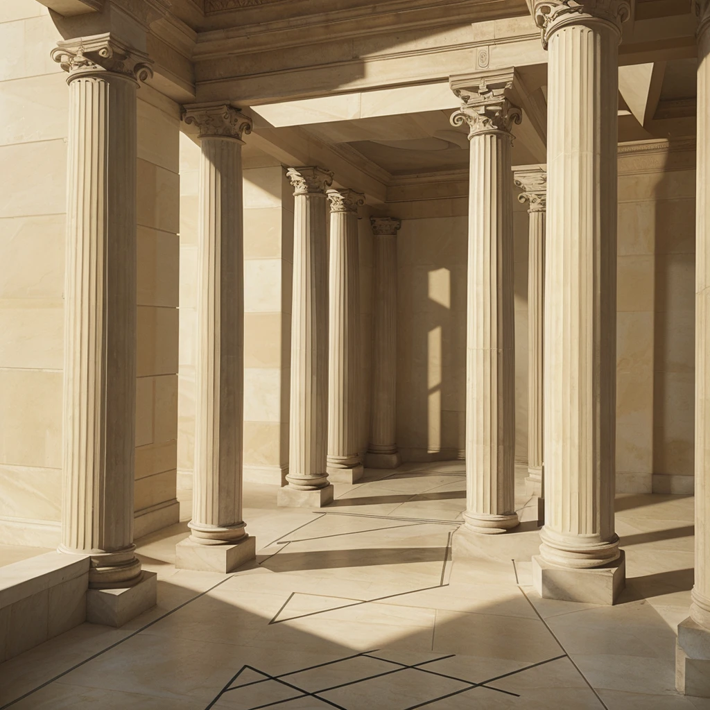 Linear drawing with conical perspective projection 1 vanishing point of a Classical or Neoclassical Architectural Work addressing one of the Classical Orders 