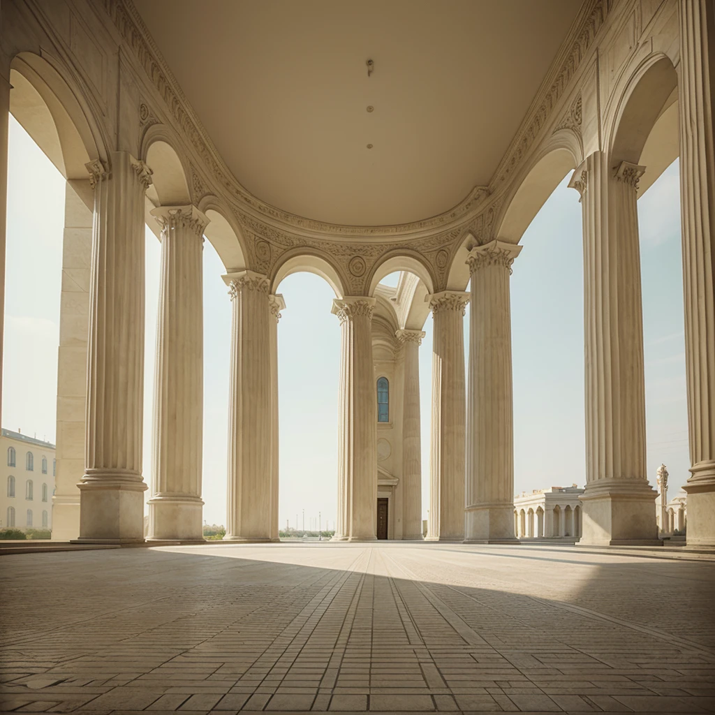 Linear drawing with conical perspective projection 1 vanishing point of a Classical or Neoclassical Architectural Work addressing one of the Classical Orders 