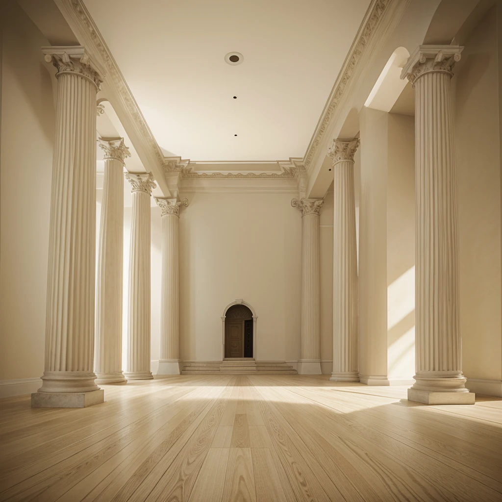Linear drawing with conical perspective projection 1 vanishing point of a Classical or Neoclassical Architectural Work addressing one of the Classical Orders