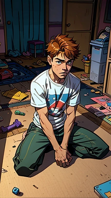 A sad young boy sitting on the floor of his bedroom, surrounded by broken toys.