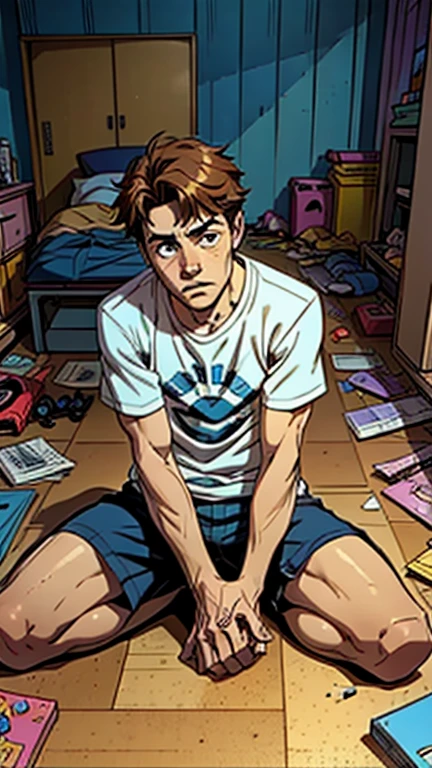 A sad young boy sitting on the floor of his bedroom, surrounded by broken toys.