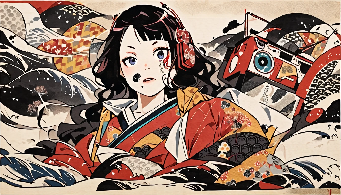 (((TATOO on the face))), Highest quality, Katsushika Hokusai, Ink Painting, (((longhair))), (((Pale red kimono))), (((Boombox))), Patterned headphones, Red spider lily, beautiful girl, Black Hair, Delicate and precise, Modern ukiyo-e style,
