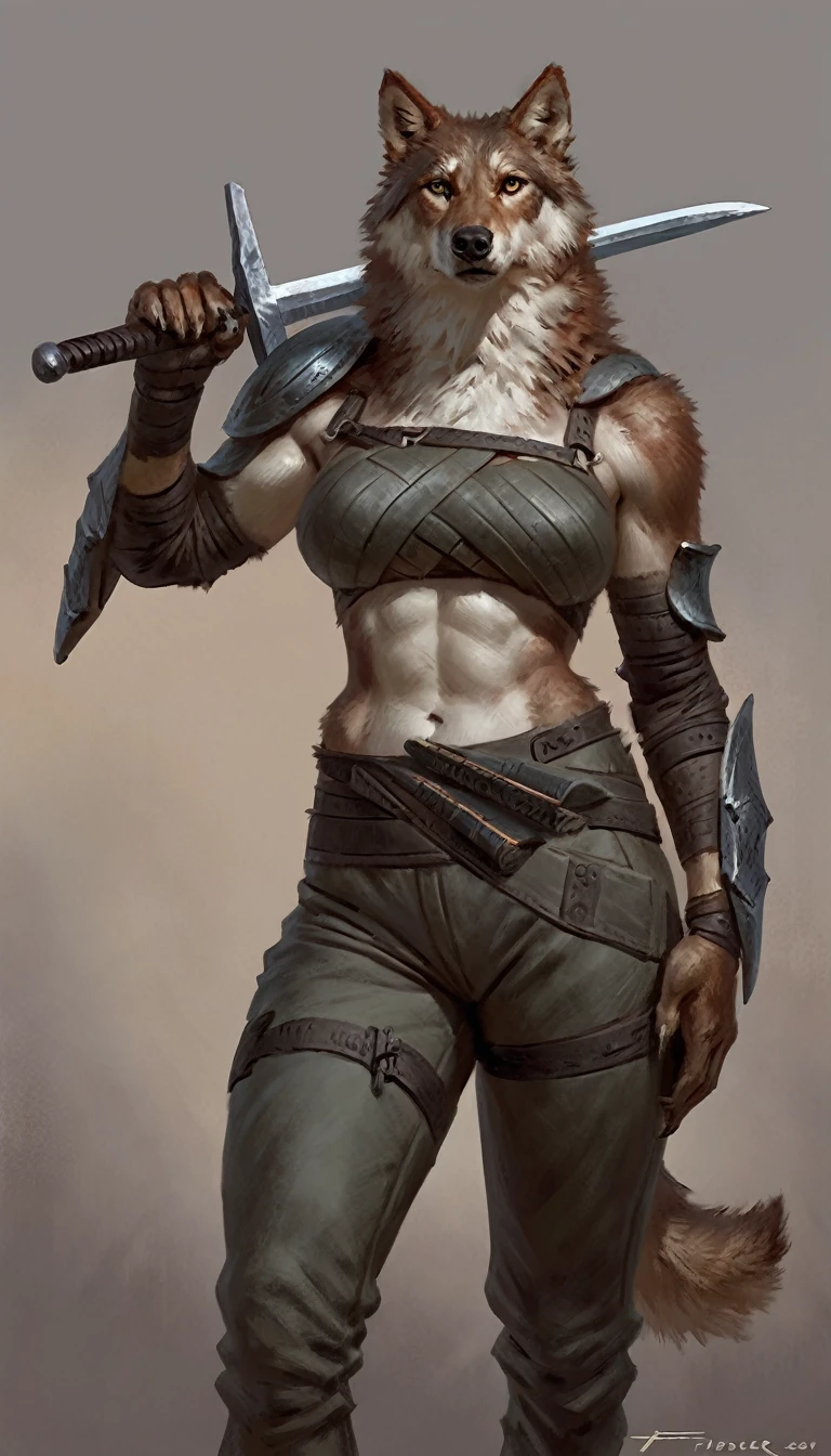 Anthro female wolf resting large two handed sword over his shoulder, posing, solo, cocky expression, masterpiece, best art, full body, by taran fiddler, detailed eyes, detailed body, claws, tall, abs, chest wraps, pauldrons, armored pants, bandolier,