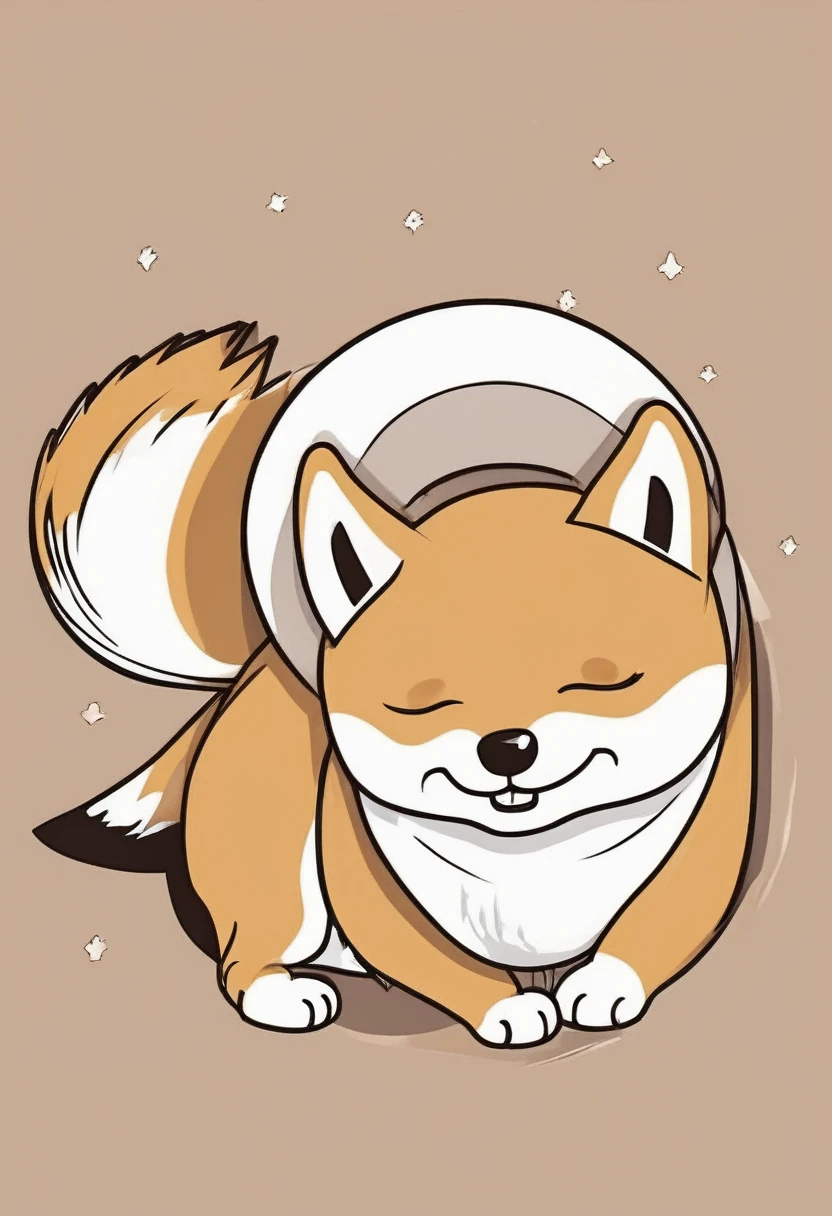 You are a professional creator.

Please create an image of a sleeping Shiba Inu puppy with a focus on its tail.

The image should have very delicate quality with bold, carefree strokes.

Include whiskers on its cheeks.

It should be a Japanese dog with a traditional Japanese-style design, dynamic, and furry.