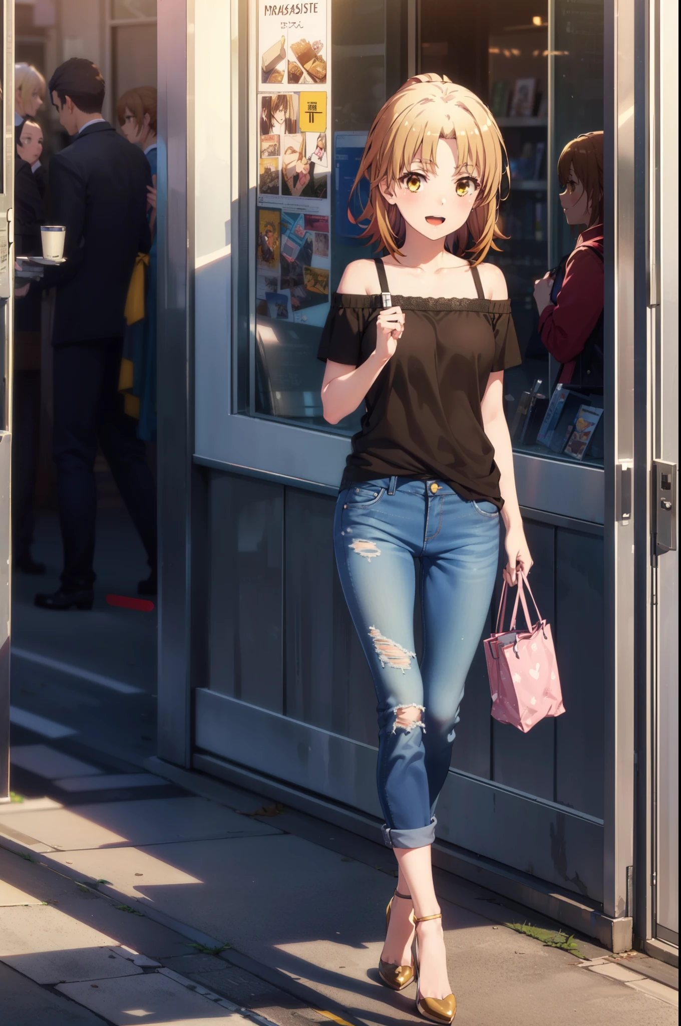 Irohaisshiki, isshiki iroha, Short Hair, Brown Hair, (Brown eyes:1.5), blush,ponytail,
happy smile, smile, Open your mouth,Cold Shoulder Shirt,Short sleeve skinny jeans,Stiletto heels,Daytime,Clear skies,Walking,So that the whole body goes into the illustration,
break outdoors, Building district,
break looking at viewer,
break (masterpiece:1.2), Highest quality, High resolution, unity 8k wallpaper, (figure:0.8), (Beautiful attention to detail:1.6), Highly detailed face, Perfect lighting, Highly detailed CG, (Perfect hands, Perfect Anatomy),