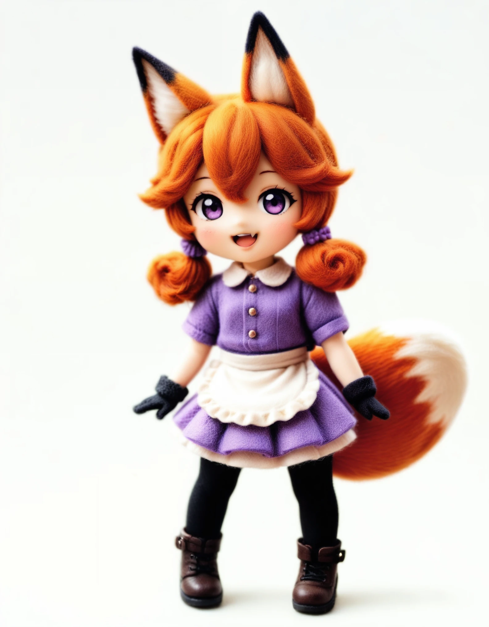 1girl, maozhan, felt style, 
masterpiece, short sleeves, pleated skirt, animal ears, frilled apron, purple skirt, apron, tail, white apron, :d, full body, frills, black gloves, shirt, animal ear fluff, fox girl, pantyhose, purple shirt, purple eyes, fox tail, waist apron, skirt, solo, gloves, white background, fang, smile, hair between eyes, open mouth, black pantyhose, looking at viewer, fox ears, 
newest, absurdres, safe
 