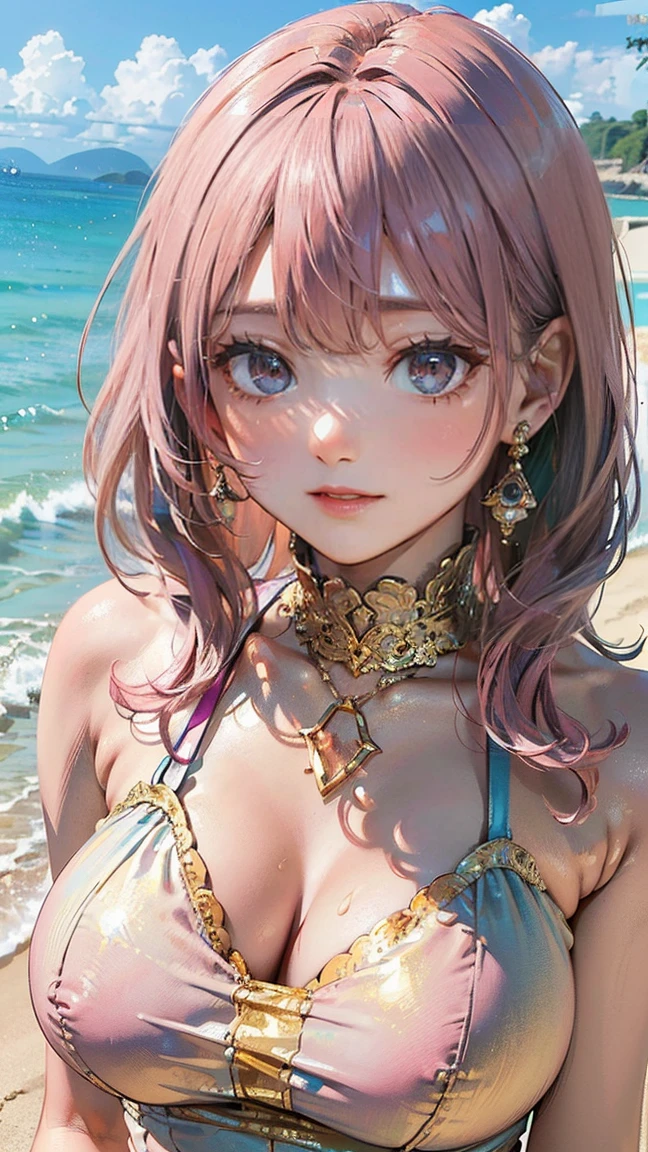 (Masterpiece, BestQuality:1.3), (ultra detailed:1.2), (hyperrealistic:1.3), (RAW photo:1.2), High detail RAW color photo, professional photograph, (Photorealistic:1.4), (realistic:1.4), professional lighting, perfect anatomy, (Big Breasts:1.2), (blush, detailed face), (cheerful Smile:1.5), (Pink Hair:1.5), Trending Hair&Trending Hairカラーをランダムに, earrings, necklace, bracelet, sexly, erotic sexly, Random sexy gravure poses, (A beautiful woman wearing a light blue halter neck dress、Smiling while taking a photo on the beach。Gold earrings brighten up your face。: 1.3)