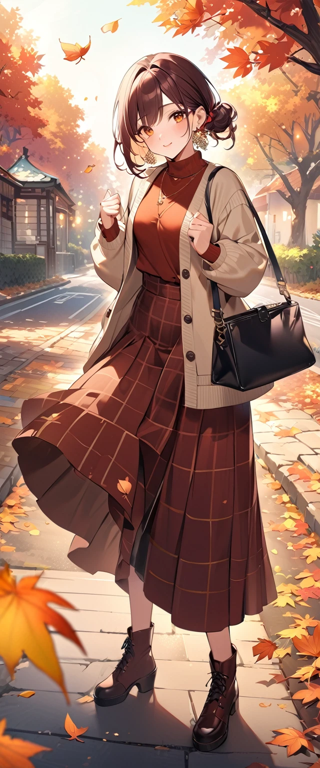 Highest quality、High resolution、Detailed Background、(Beautifully detailed face:1.4)、Beautiful women in their 20s、Highly detailed face、Cute Eye Makeup、Cute Lip Makeup、Light color hair、Cute hairstyle、
色づき始めたwood々The leaves are swaying slowly in the wind、
The sky is clear、The mountain ranges in the distance are clearly visible、
wood々The leaves that fell from the branches of、Gracefully descending to the ground、
The leaves gather together, swirl, and fly up、
Colorful fallen leaves are scattered along the road、
Every time I walk, it makes a rustling sound as it gets crushed.、
wood々The soft sunlight filtering through the branches gently illuminates the fallen leaves.、
In the light, small birds are busily flying around.、
Deep red or orange、yellow、It is recommended to incorporate autumn colors such as green.、
A wine red dress with a beige cardigan is a cute look.。
Pair your feet with brown short boots.、You can create an autumn look.、
It's a good idea to choose accessories that have an autumn feel.、
Necklace in gold and brown tones、Earrings、Suitable for bracelets etc.、
We recommend a tote bag、Choose muted colors such as maroon or khaki for an elegant look.、
Ribbed knit vest、Checkered Skirt、Materials such as corduroy pants also give off an autumn vibe.、
Combine deep colors and warm materials overall.、
Outerwear such as snoods are also essential for the changing seasons.、
A sophisticated fall look with attention to detail、very beautiful