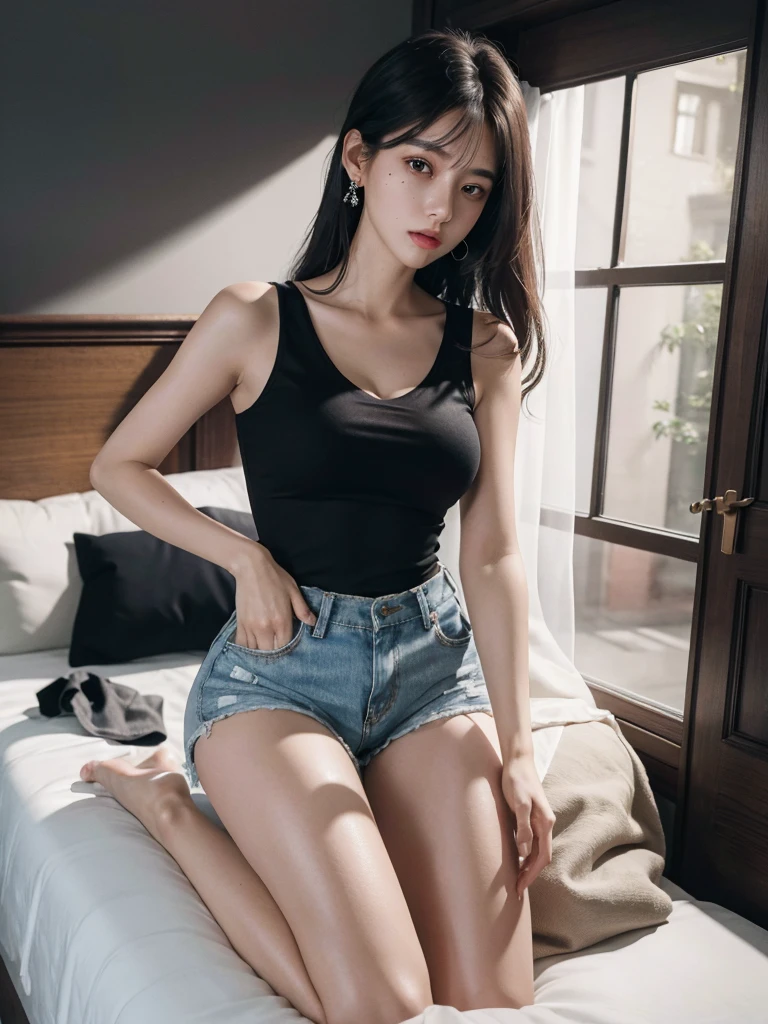 absurdres, RAW photo, extremely delicate and beautiful, masterpiece, Best Quality, ultra high resolution, 32k, hyperrealistic, ultra-detailed, perfect figure, in her 20s, delicate facial features, tearful mole, earring, big breasts, ((full body shot)), medium hair, black hair, sleeveless collared shirt, shorts,