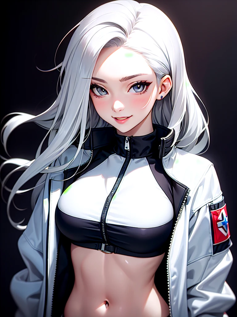 ((Portrait Photo)), She has a Cute and Youthful Appearance, with a Slender Build, Pale Skin and a Huge . She Expresses a Cheerful and Energetic Look, Giving Off a Friendly and Lively Attitude. She has Light Gray Eyes, and Her Hair is Long, Silvery-White, and Tousled, with Bare Forehead. She Wears an Oversized, Open Bomber-Style Jacket, with a White Top, Revealing Her Midriff. ((Portrait Photo, HDR, Dark Background))