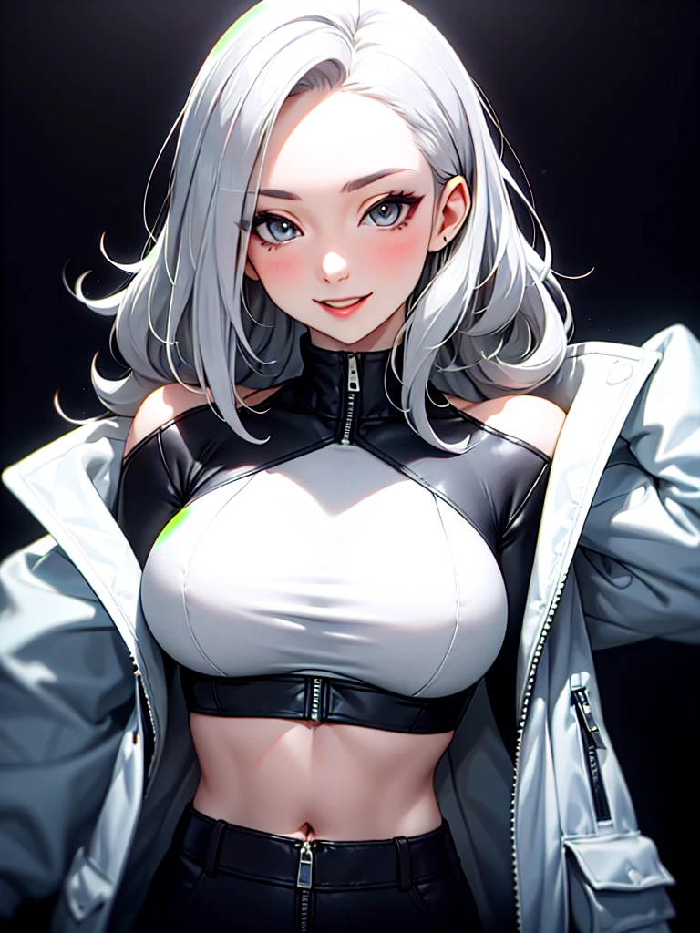 ((Portrait Photo)), She has a Cute and Youthful Appearance, with a Slender Build, Pale Skin and a Huge Breasts. She Expresses a Cheerful and Energetic Look, Giving Off a Friendly and Lively Attitude. She has Light Gray Eyes, and Her Hair is Long, Silvery-White, and Tousled, with Bare Forehead. She Wears an Oversized, Open Bomber-Style Jacket, with a White Top, Revealing Her Midriff. ((Portrait Photo, HDR, Dark Background))