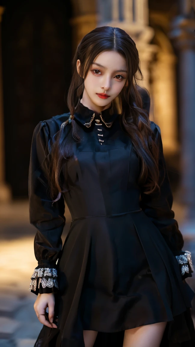 masterpiece, best quality, high resolution, Reality, high resolution, RAW photos, ((The largest Gothic building in Italy, Duomo of Milan))、((1 Girl, Young woman in gothic dress, Detailed face and eyes, Pretty Face, Ponytail, Glowing skin, Realistic skin texture, Long sleeve, Large Breasts, Big Ass)), (Gothic fashion is dark, mystery, Full of different tunes).