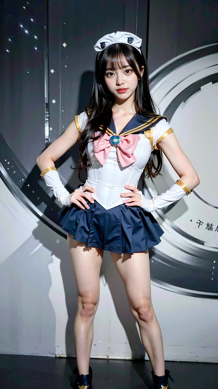 (8K、RAW Photos、Highest quality、masterpiece:1.2)、(Realistic、Realistic)、1 Girl、((Sailor Moon Costume:1.2、Thin legs、whole body、View from the front、smile、Looking into the camera、Stand with hands on hips))、cute、((The background is slums))