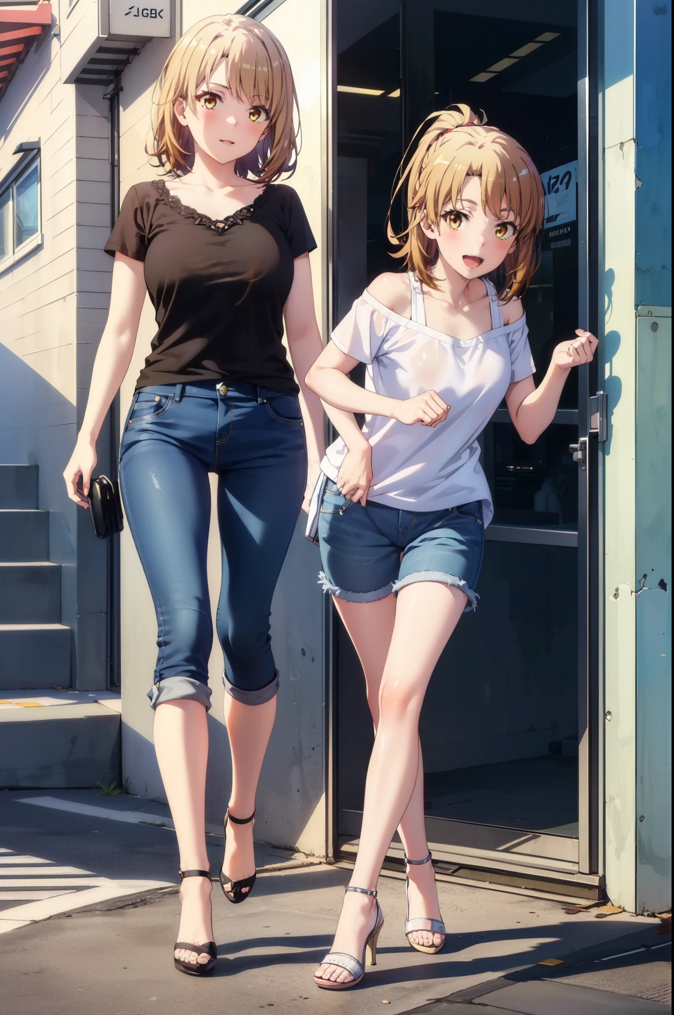 Irohaisshiki, isshiki iroha, Short Hair, Brown Hair, (Brown eyes:1.5), blush,ponytail,
happy smile, smile, Open your mouth,Cold Shoulder Shirt,Short sleeve skinny jeans,Stiletto heels,Daytime,Clear skies,Walking,So that the whole body goes into the illustration,
break outdoors, Building district,
break looking at viewer,
break (masterpiece:1.2), Highest quality, High resolution, unity 8k wallpaper, (figure:0.8), (Beautiful attention to detail:1.6), Highly detailed face, Perfect lighting, Highly detailed CG, (Perfect hands, Perfect Anatomy),