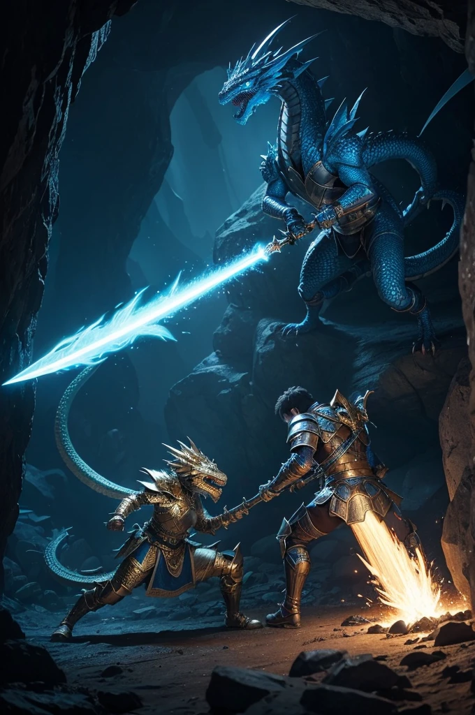 warrior in full armor is facing a scaly dragon in a torch-lit cave. The warrior holds a shining sword while the dragon spews blue flames towards him. No fundo, There are piles of gold and sparkling jewels, reflecting torchlight, highlighting the texture details of the dragon&#39;s scales and the metallic shine of the warrior&#39;s armor."