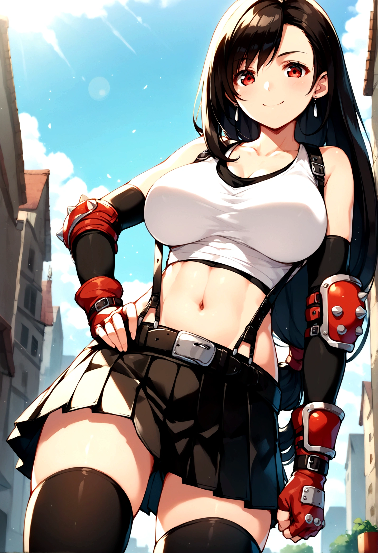 score_9, score_8_up, score_7_up,score_6, score_5,BREAK , ,from front,front view,front angle,pov,straight-on,,standing,contrapost, ,,straight-on,Solo ,1girl, tifa lockhart, final fantasy, tareme,black hair, low-tied long hair, red eyes, bangs, (white tank top, belt, pleated skirt, thighhighs, elbow fingerless gloves, elbow pads, midriff, navel,suspender skirt) ,(large_breast),(light smile),fist,hand on own hip,daytime,outdoor,(ultra detailed),(best quality),(aesthetic,very aesthetic),UHD,extremely detailed CG unity 8k wallpaper,anime,depth of field,,,