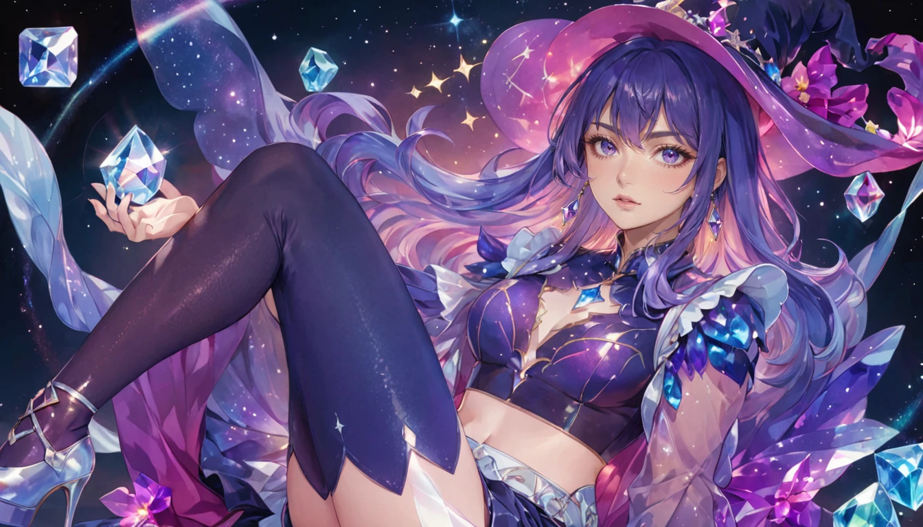 anime girl with purple hair and purple stockings, ((bare midriff,bare stomach,short shorts)),gloves anime fantasy illustration, digital anime illustration, digital art on pixiv, witch hat, crystal shoes,best anime 4k konachan wallpaper, anime styled digital art, dreamy psychedelic anime, detailed digital anime art, nightcore,crystal eye,one eye,(best quality,4k,8k,highres,masterpiece:1.2),A girl sitting alone under the starry night sky, with her silhouette illuminated by the soft moonlight and twinkling stars. Her face is beautifully detailed, with sparkling eyes, long and fluttering eyelashes, and exquisitely defined lips. She is dressed in a crop top and shorts embracing her figure gracefully as it glimmers with a subtle celestial glow. The intricate details of her clothing catch the faint starlight, creating a mesmerizing sparkle. The surrounding landscape showcases a serene garden, lush with vibrant foliage and colorful flowers. The air is filled with a gentle breeze, causing the leaves to rustle and the flowers to sway delicately. The garden is bathed in a warm, dreamy color palette, with hues of deep blues, purples, and hints of silver. The atmosphere is calm and tranquil, evoking a sense of peace and serenity. The artwork is of the highest quality, meticulously created with ultra-detailed brushstrokes and precise attention to every element. The texture and depth of the painting are breathtaking, with a sense of realism and photorealism that captures the awe-inspiring beauty of the night sky. The lighting is soft and diffused, casting a gentle glow over the entire scene, enhancing the magical ambiance. The girl's presence radiates a sense of mystery and wonder, as if she holds a secret connected to the celestial beings above. The overall composition evokes a feeling of timelessness and captures the essence of a StarSign, an artwork that embodies the celestial beauty and inner strength of a girl in harmony with the stars. (ai-generated:.25),(dsmile:.25)